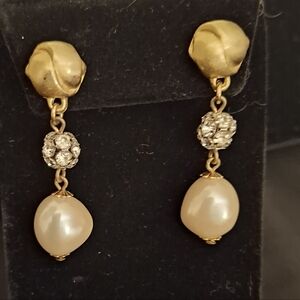 Gold, Rhinestone and Pearl Drop Earrings